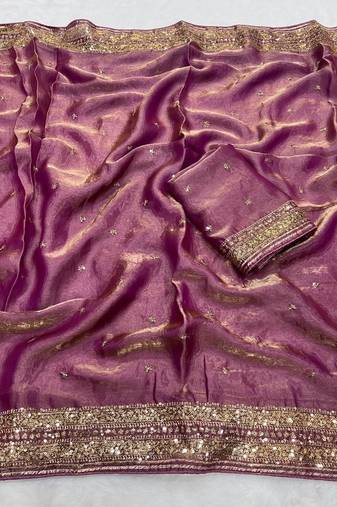 Lavender Color Embroidery cording & Sequance work Space Silk Saree