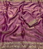 Lavender Color Embroidery cording & Sequance work Space Silk Saree