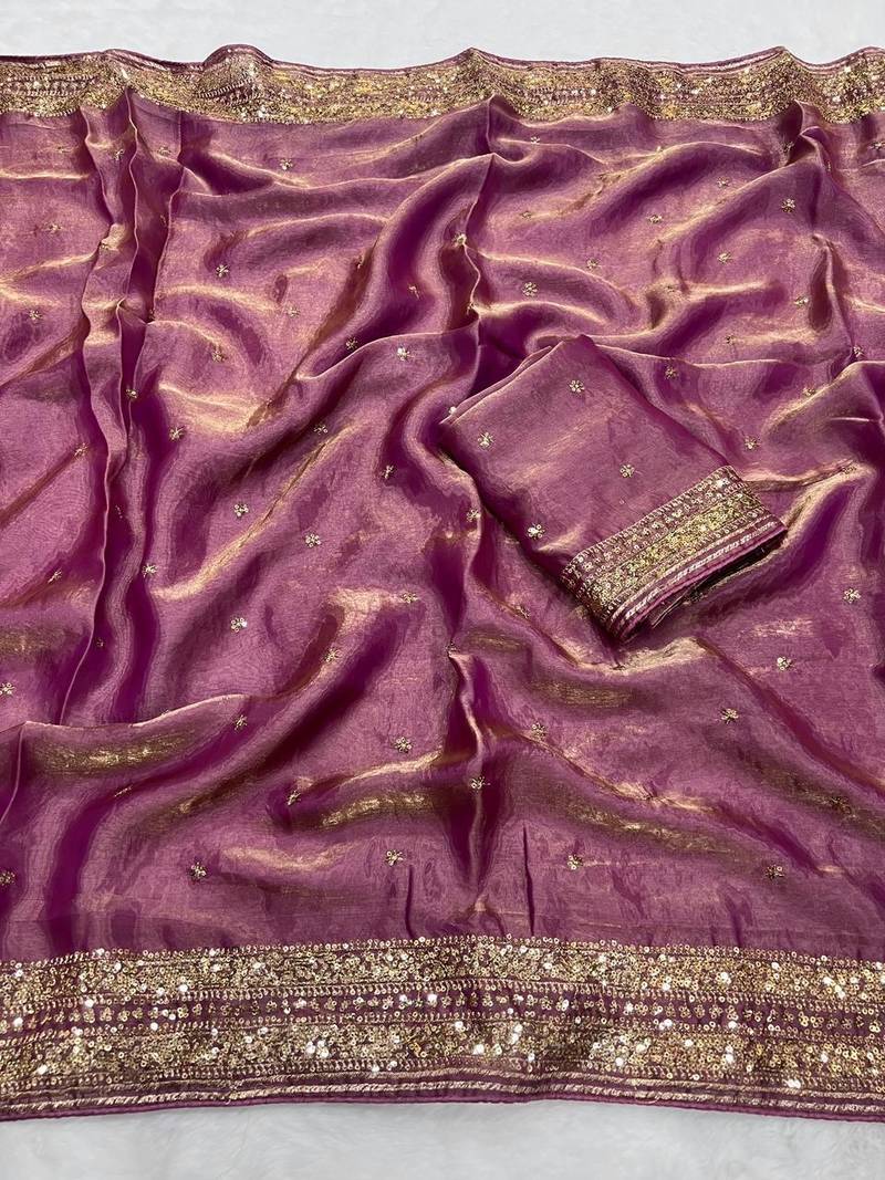 Lavender Color Embroidery cording & Sequance work Space Silk Saree