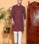 Men's  cotton zigzag print   nehru collar with solid fashion patti full sleeve  kurta  (maroon)