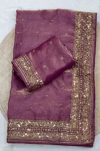 purple silk blend saree with embroidered butti work