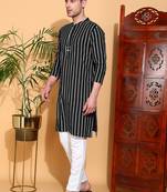Men's  cotton  zigzag print   nehru collar with solid fashion patti full sleeve  kurta  (black)