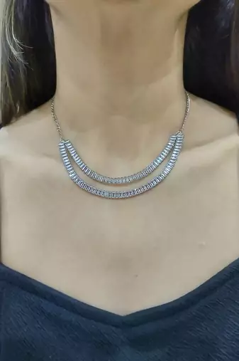 silver copper necklace set with double line studded work