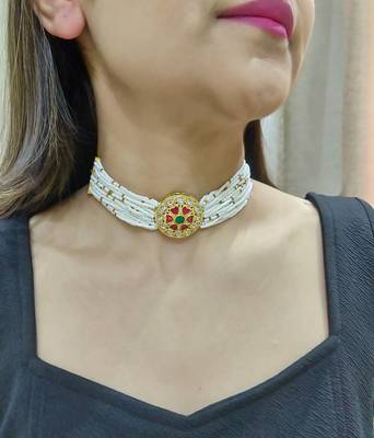 gold copper choker necklace with pearl studded work 1