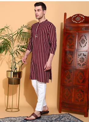 maroon cotton kurta with geometric zigzag print work
 3