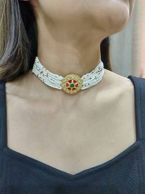 gold copper choker necklace with pearl studded work 2