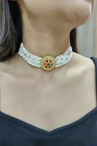 gold copper choker necklace with pearl studded work