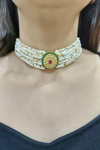 green copper choker necklace  with pearl studded work