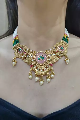 pink copper necklace set with pearl studded work