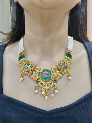 green copper necklace set with pearl studded work 2