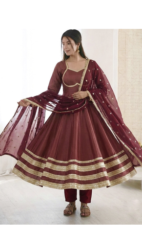 maroon cotton anarkali set with gold lace work
 1