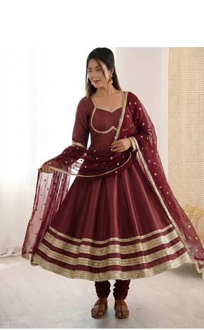 maroon cotton anarkali set with gold lace work
 2