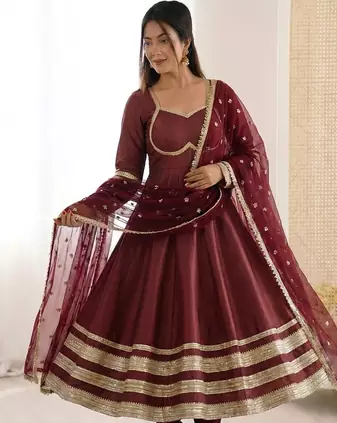 maroon cotton anarkali set with gold lace work