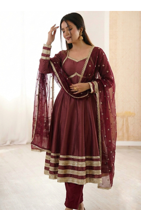 maroon cotton anarkali set with gold lace work
 3
