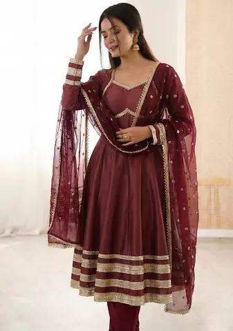 maroon cotton anarkali set with gold lace work