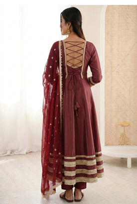 maroon cotton anarkali set with gold lace work
 4