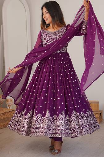 Bewitching Purple Sequins Georgette Wedding Wear Anarkali Suit