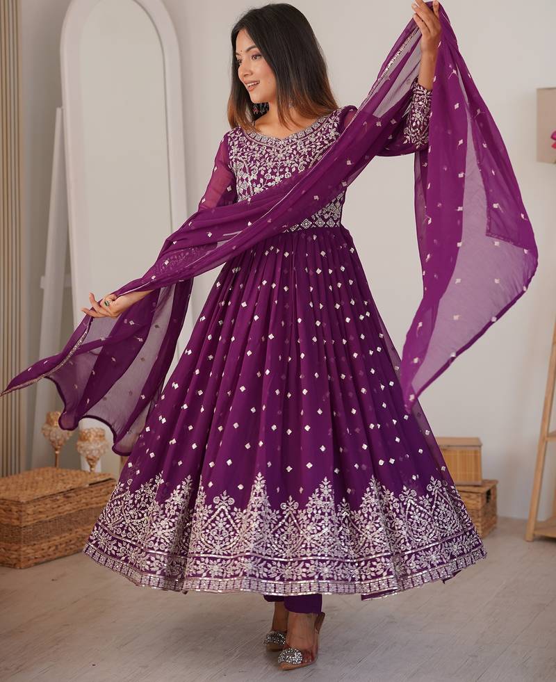 Bewitching Purple Sequins Georgette Wedding Wear Anarkali Suit