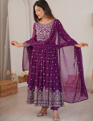 purple georgette anarkali set with silver sequins work 2