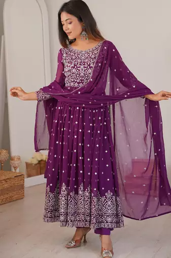 purple georgette anarkali set with silver sequins work