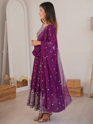purple georgette anarkali set with silver sequins work 3