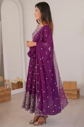 purple georgette anarkali set with silver sequins work