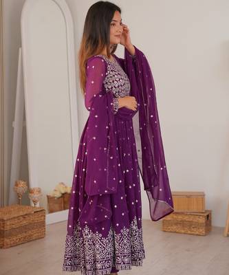 purple georgette anarkali set with silver sequins work 4