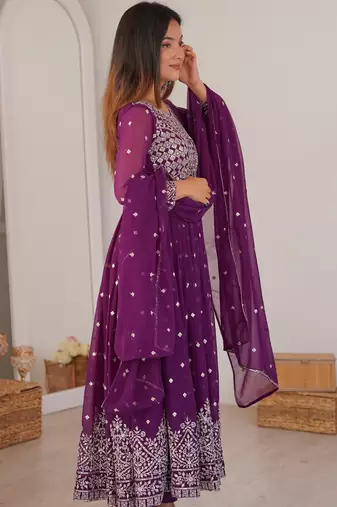 purple georgette anarkali set with silver sequins work