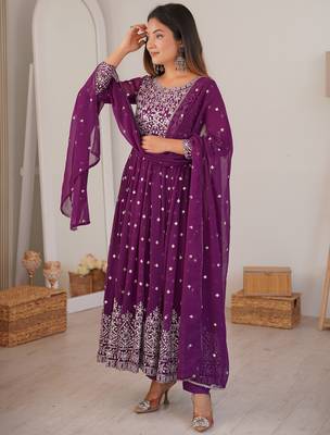 purple georgette anarkali set with silver sequins work 5