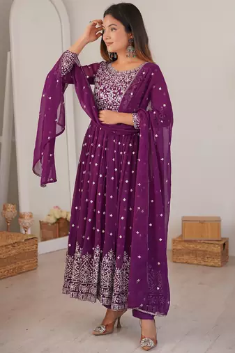 purple georgette anarkali set with silver sequins work
