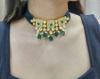 green copper choker necklace with kundan work 2