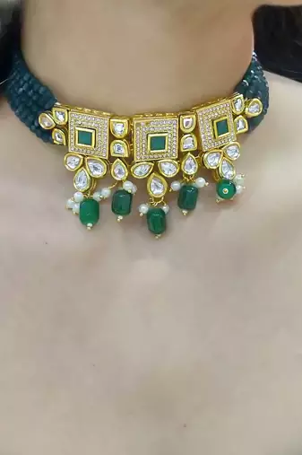 green copper choker necklace with kundan work