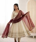 beige cotton anarkali set with embroidery sequins work