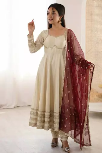 beige cotton anarkali set with embroidery sequins work