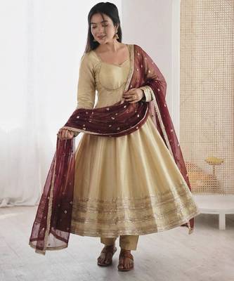 beige cotton anarkali set with embroidery sequins work 4