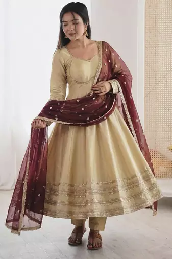 beige cotton anarkali set with embroidery sequins work