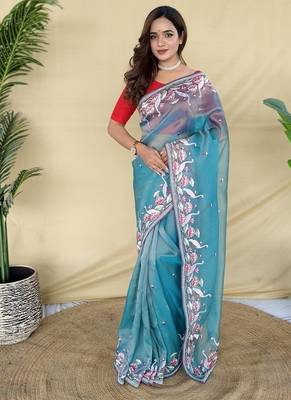 Blue Color  multithread embroidery Work art silk saree 1