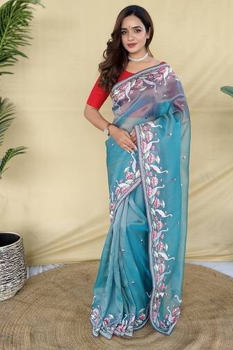 Blue Color  multithread embroidery Work Silk Saree