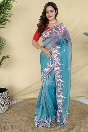 Blue Color  multithread embroidery Work Silk Saree