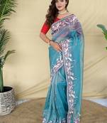 Blue Color  multithread embroidery Work Silk Saree