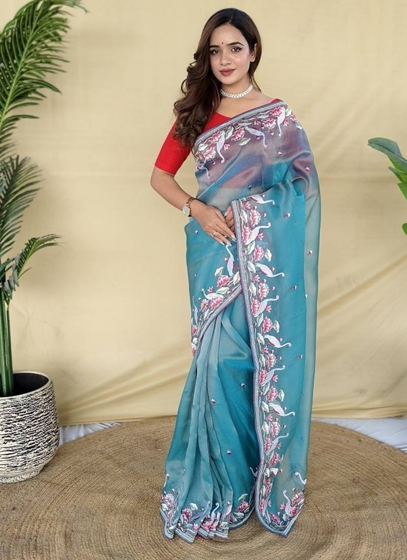 Blue Color  multithread embroidery Work Silk Saree