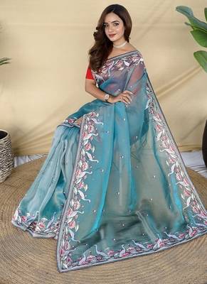 Blue Color  multithread embroidery Work art silk saree 3