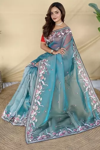 Blue Color  multithread embroidery Work art silk saree