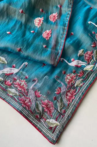 Blue Color  multithread embroidery Work art silk saree