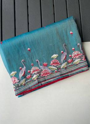 Blue Color  multithread embroidery Work art silk saree 5