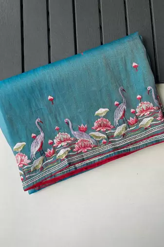 Blue Color  multithread embroidery Work art silk saree