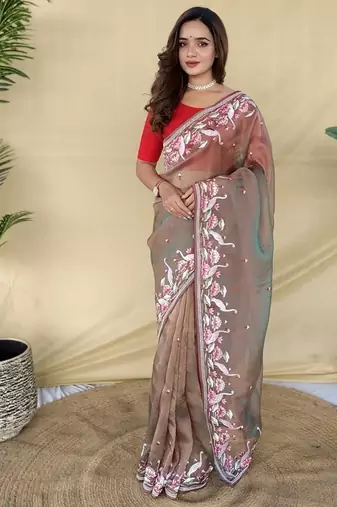 Light Brown Color  multithread embroidery Work Silk Saree
