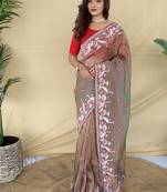 Light Brown Color  multithread embroidery Work Silk Saree