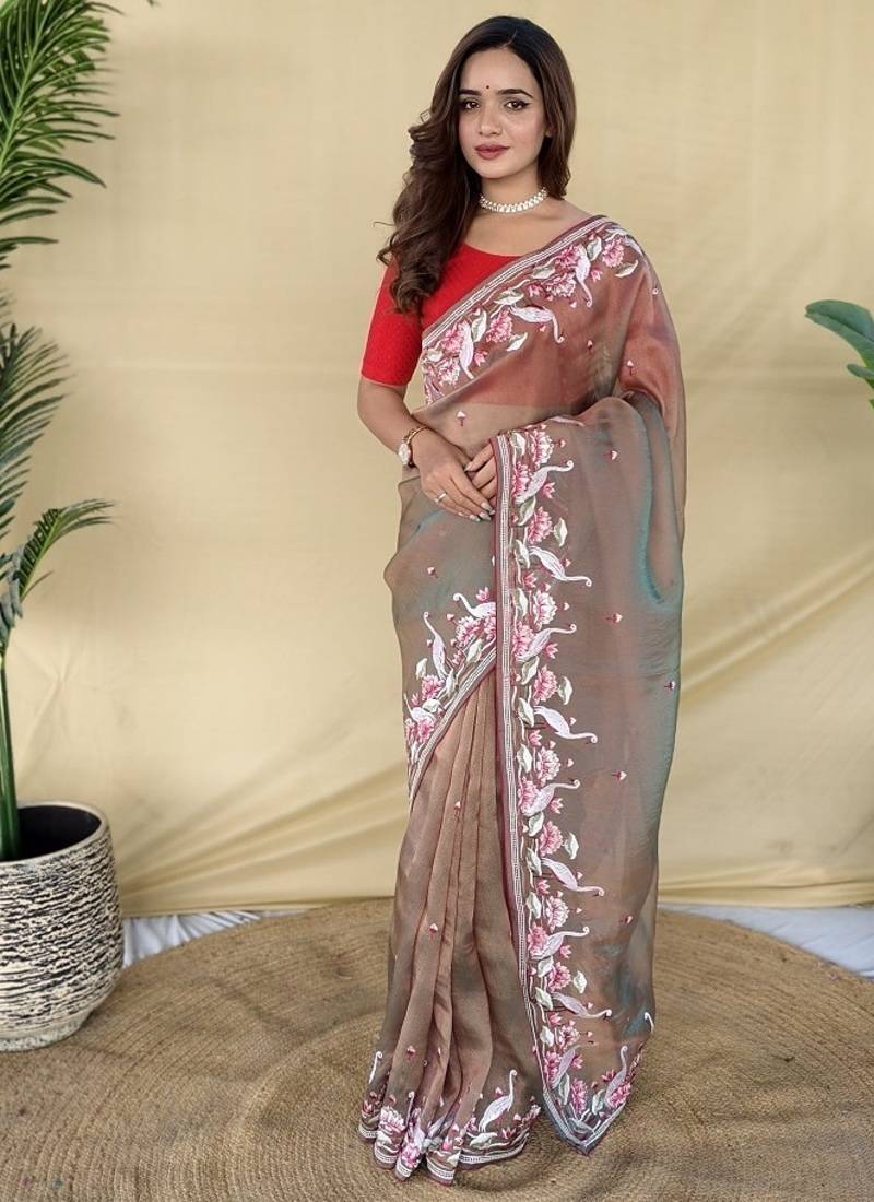 Light Brown Color  multithread embroidery Work Silk Saree