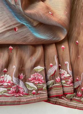 Light Brown Color  multithread embroidery Work art silk saree 4